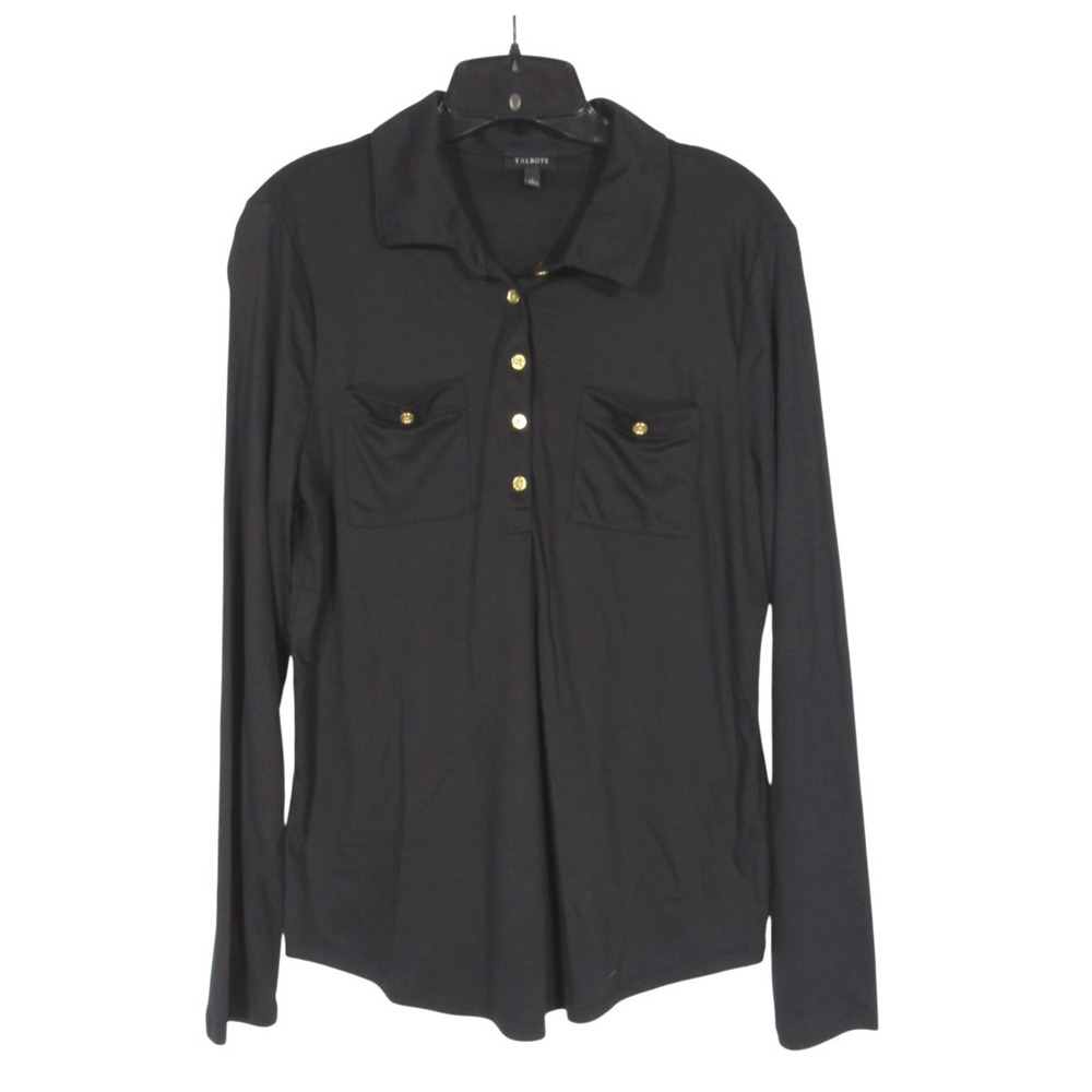 TALBOTS Soft Knit 1/4 BUTTON Black Supima Cotton Modal HENLEY POLO SHIRT Top L